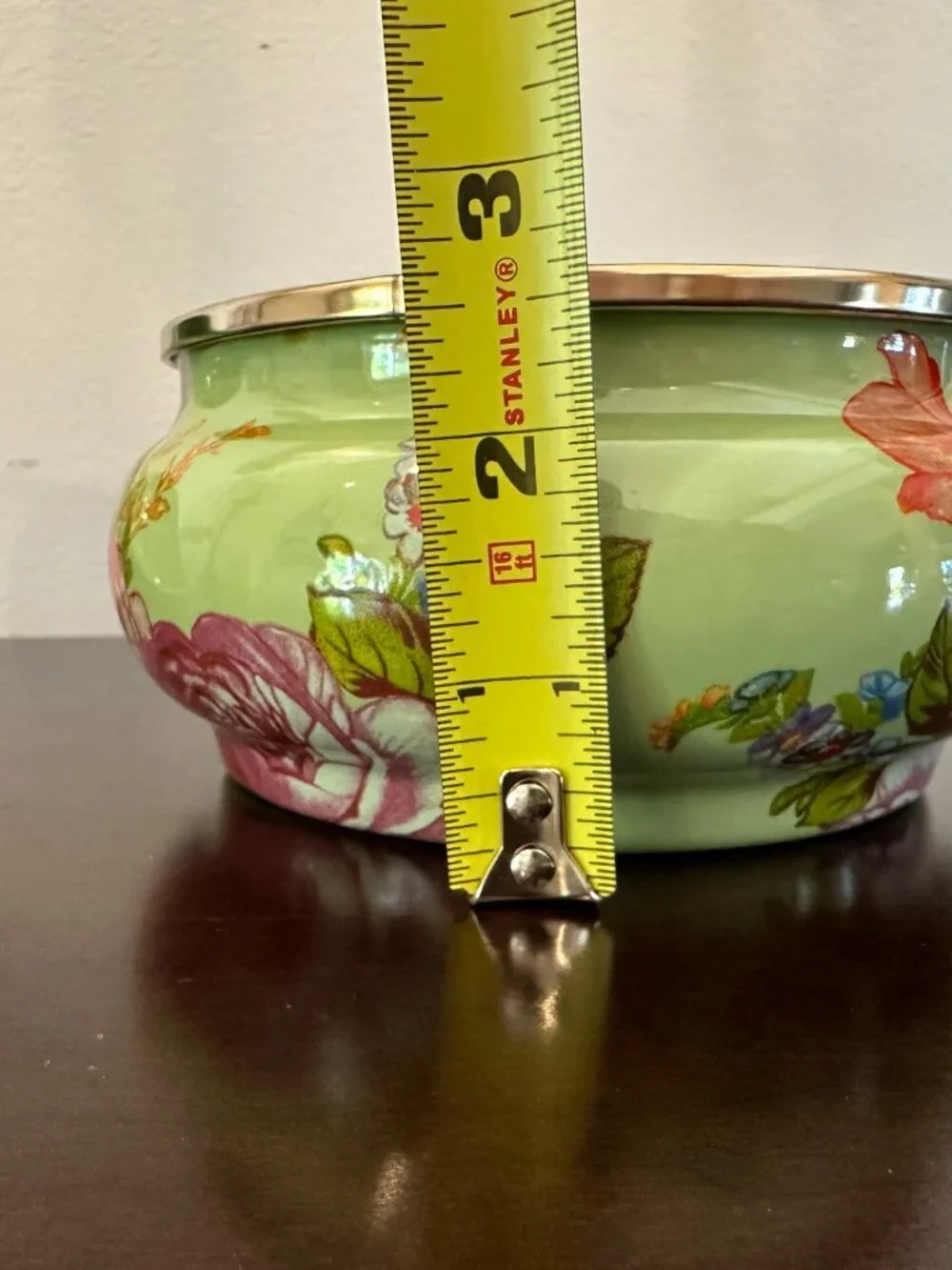 Mackenzie Child Green Flower Market Squashed Enamel Metal Pot Retired Blue Ring